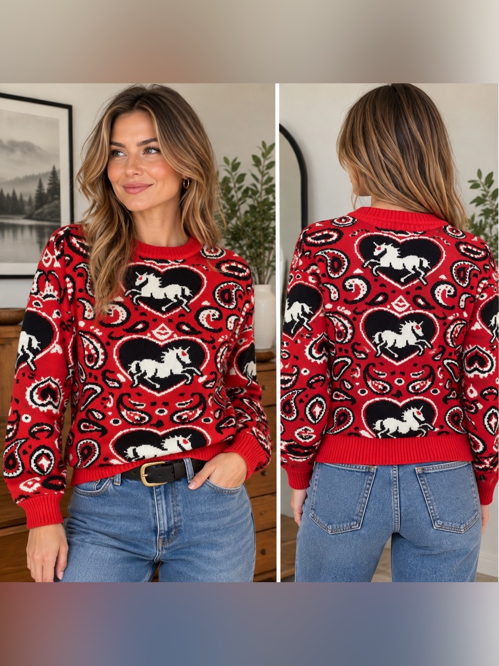 OXKNIT Horse Paisley Print Sweater Red Black Western M AOP